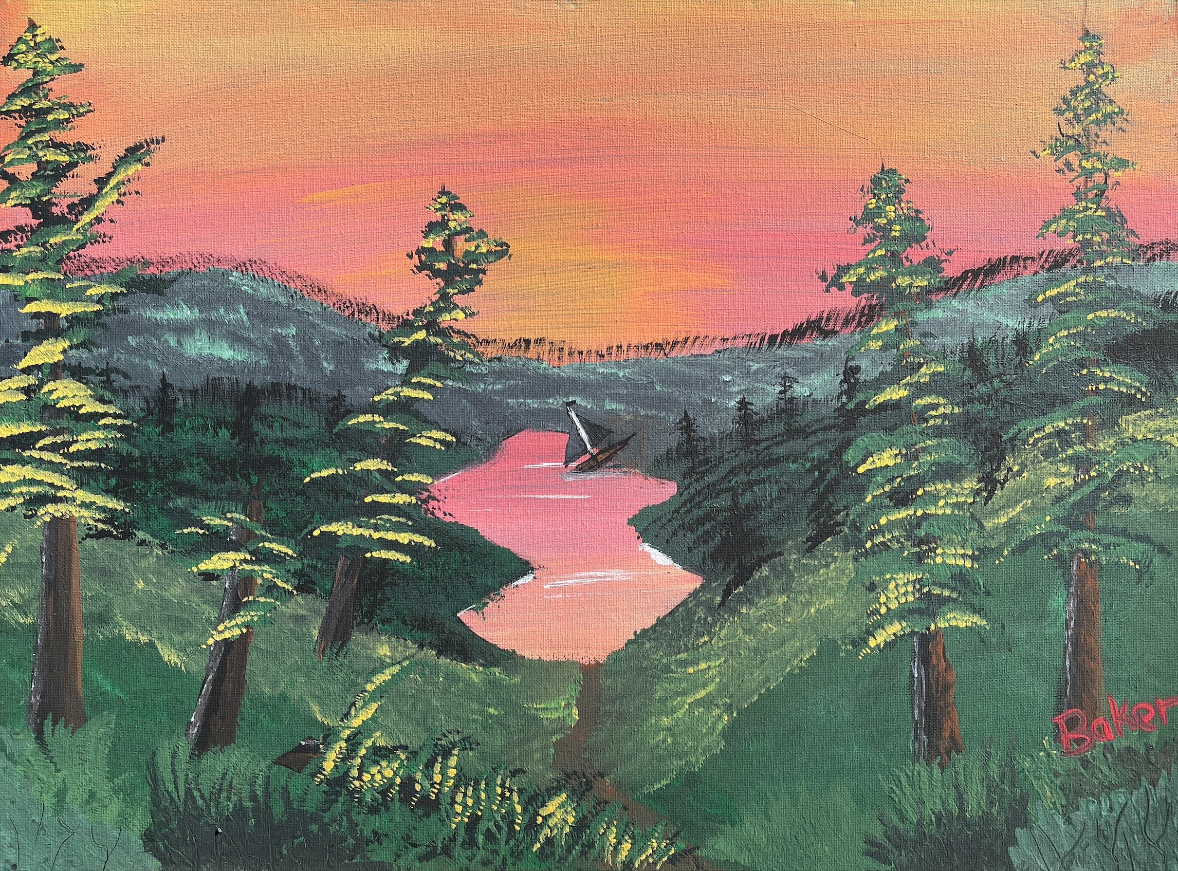 Distant Lake and Boat 18" x 24" Landscape Painting. 1 of 1 original.