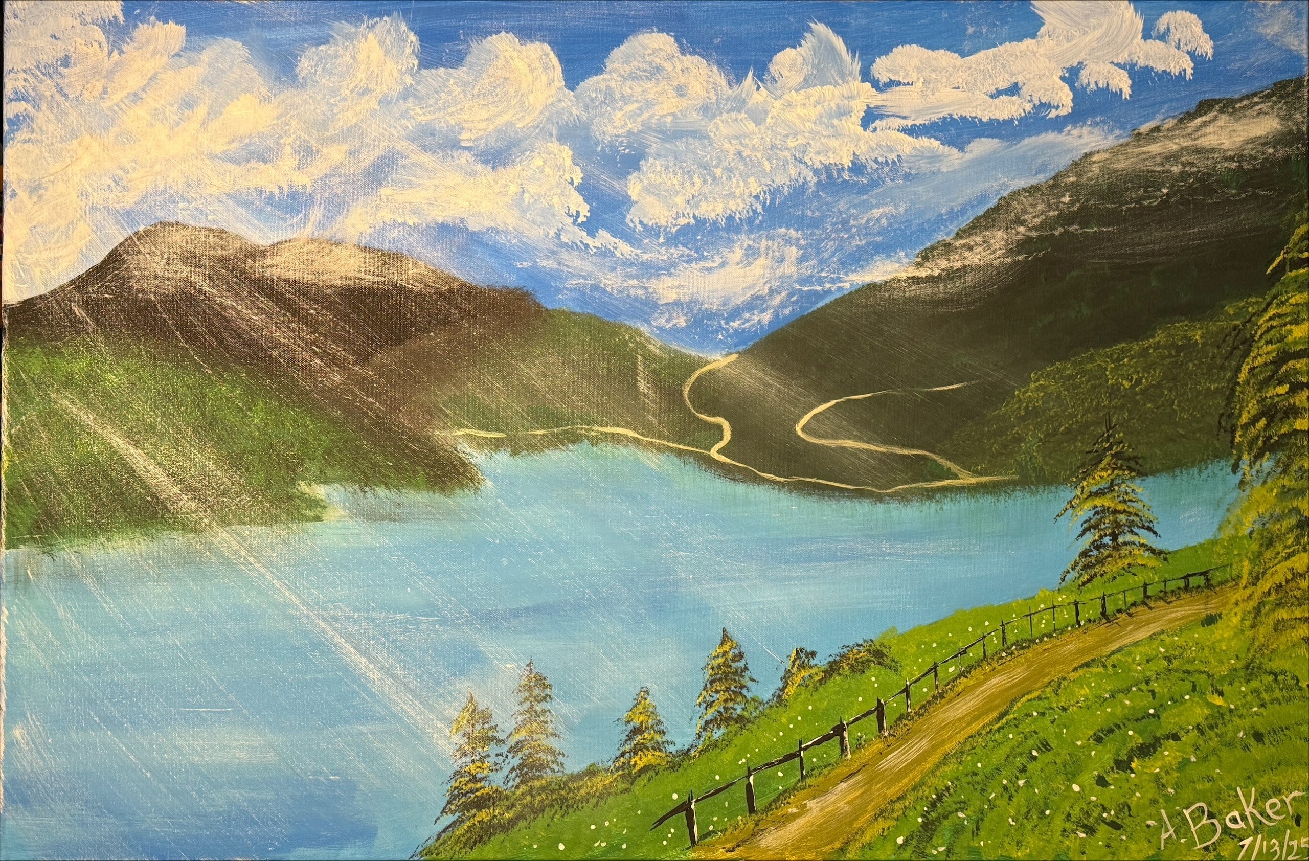 Sunshine Lake Walking Path 36" x 24" Landscape Painting. 1 of 1 original.