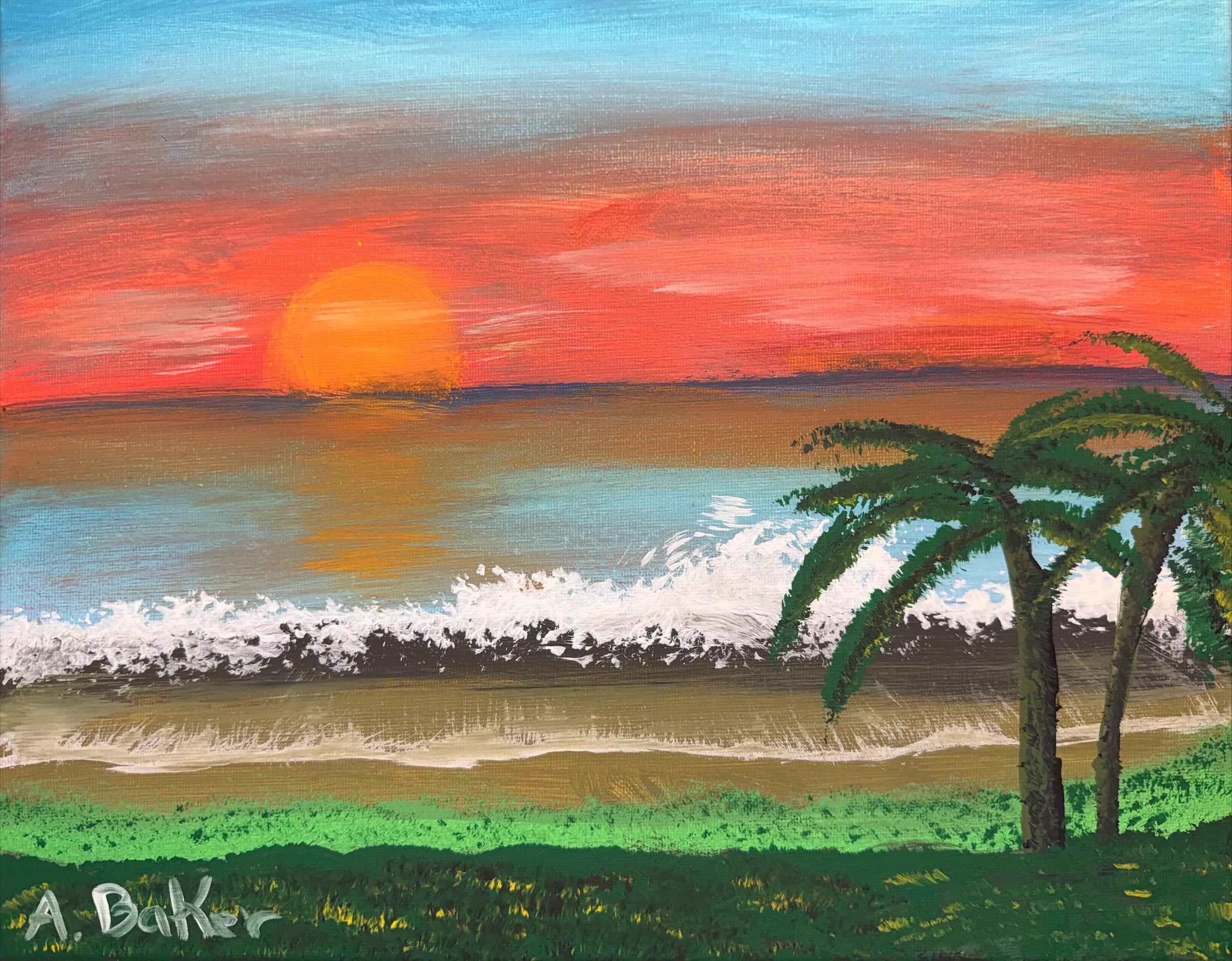 Tropical Beach and Ocean Sunset 14" x 11" Landscape Painting. 1 of 1 original.