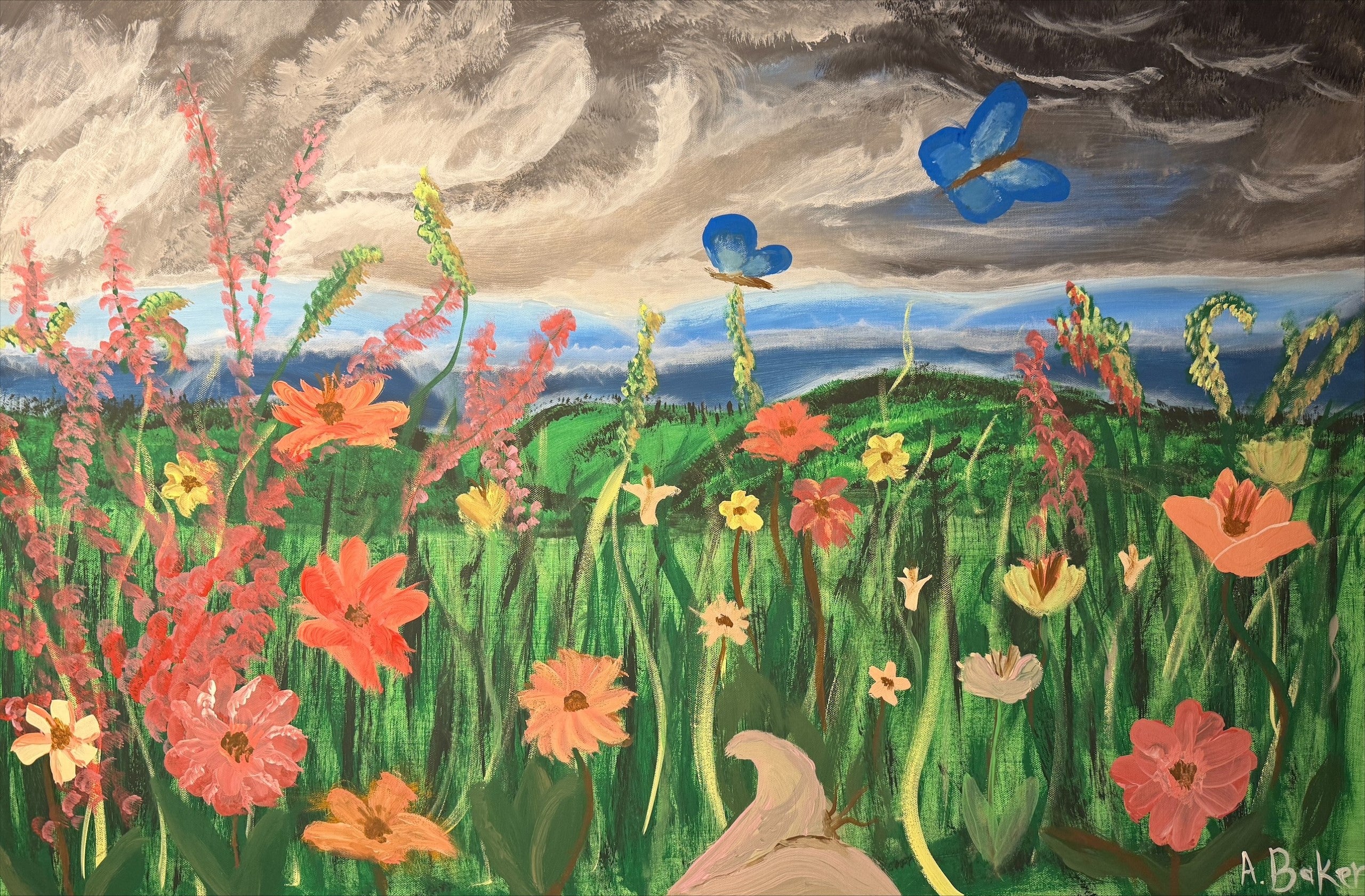 Flowers and Butterfly Field 36" x 24" Landscape Painting. 1 of 1 original.