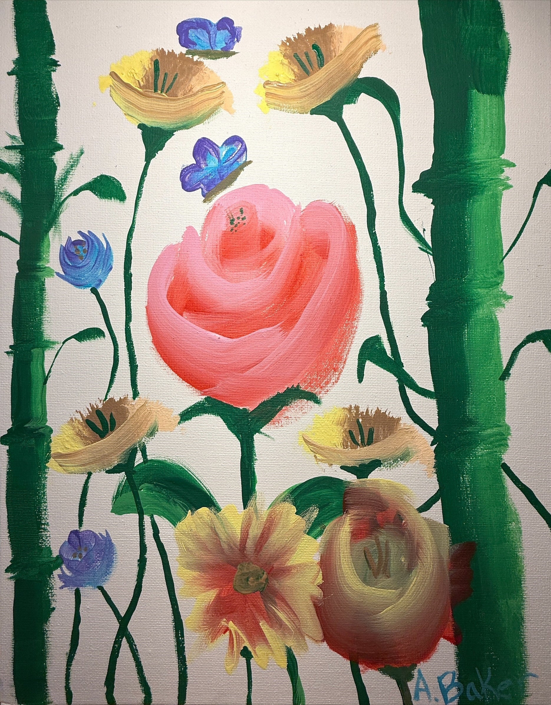 Bamboo and Flowers 11" x 14" Landscape Painting. 1 of 1 original.