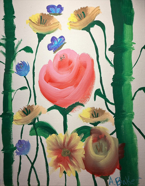 Bamboo and Flowers 11" x 14" Landscape Painting. 1 of 1 original.