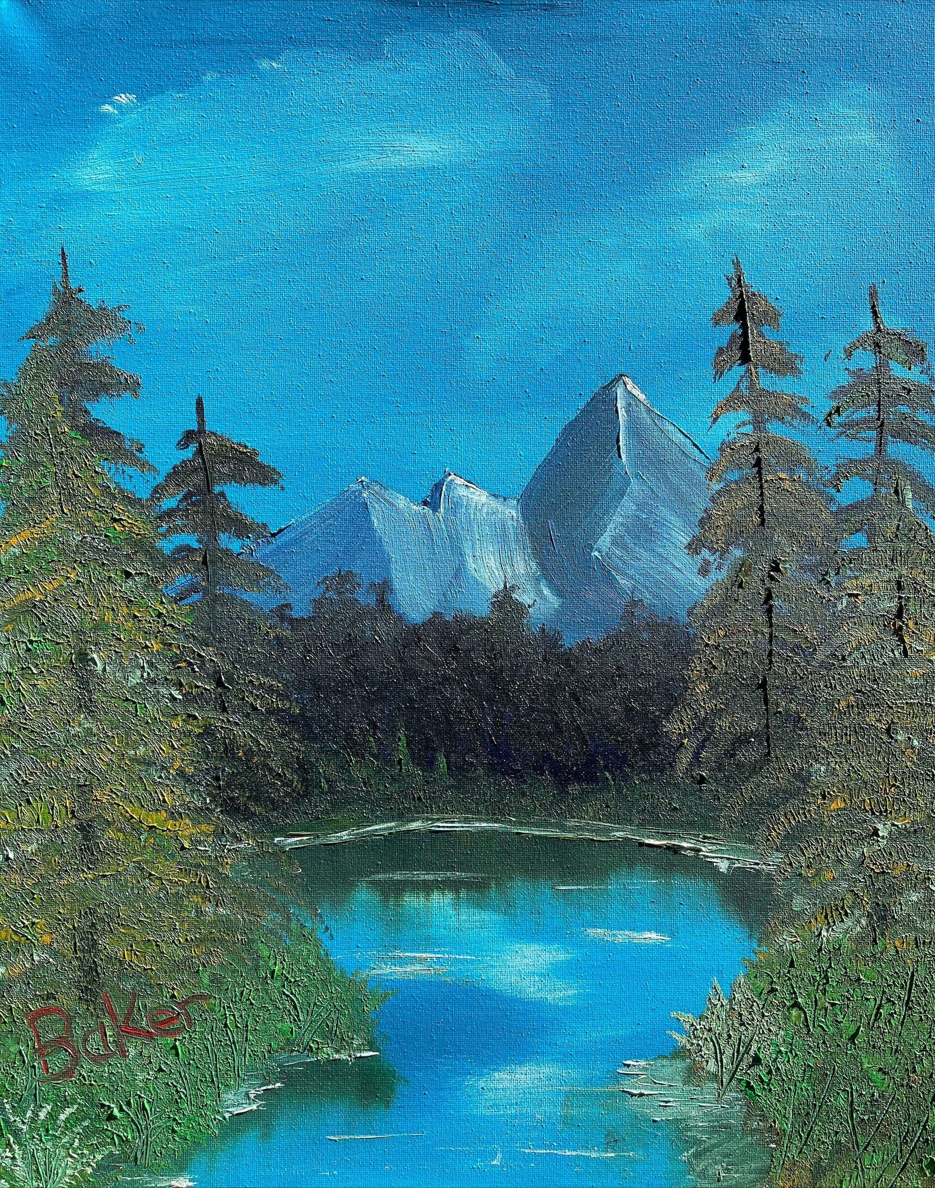 Beautiful Mountains and Serene Lake 16" x 20" Landscape Painting. 1 of 1 original.